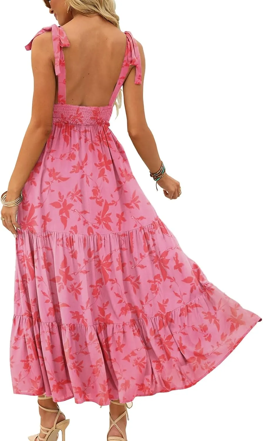 DEEP SELF Women's Summer V Neck Tie Strap Maxi Dress Halter Ruffle Hem Long Dresses Spaghetti Strap Long Flowy Dresses