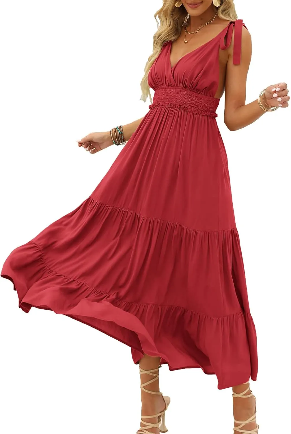 DEEP SELF Women's Summer V Neck Tie Strap Maxi Dress Halter Ruffle Hem Long Dresses Spaghetti Strap Long Flowy Dresses