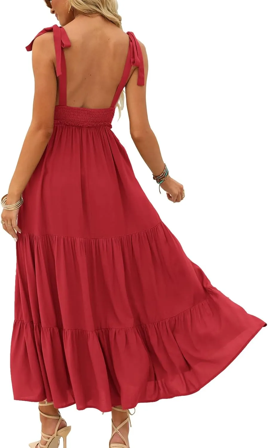 DEEP SELF Women's Summer V Neck Tie Strap Maxi Dress Halter Ruffle Hem Long Dresses Spaghetti Strap Long Flowy Dresses