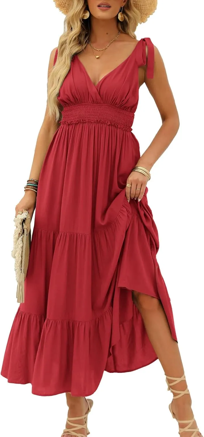 DEEP SELF Women's Summer V Neck Tie Strap Maxi Dress Halter Ruffle Hem Long Dresses Spaghetti Strap Long Flowy Dresses