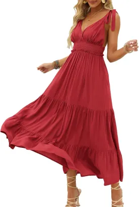 DEEP SELF Women's Summer V Neck Tie Strap Maxi Dress Halter Ruffle Hem Long Dresses Spaghetti Strap Long Flowy Dresses
