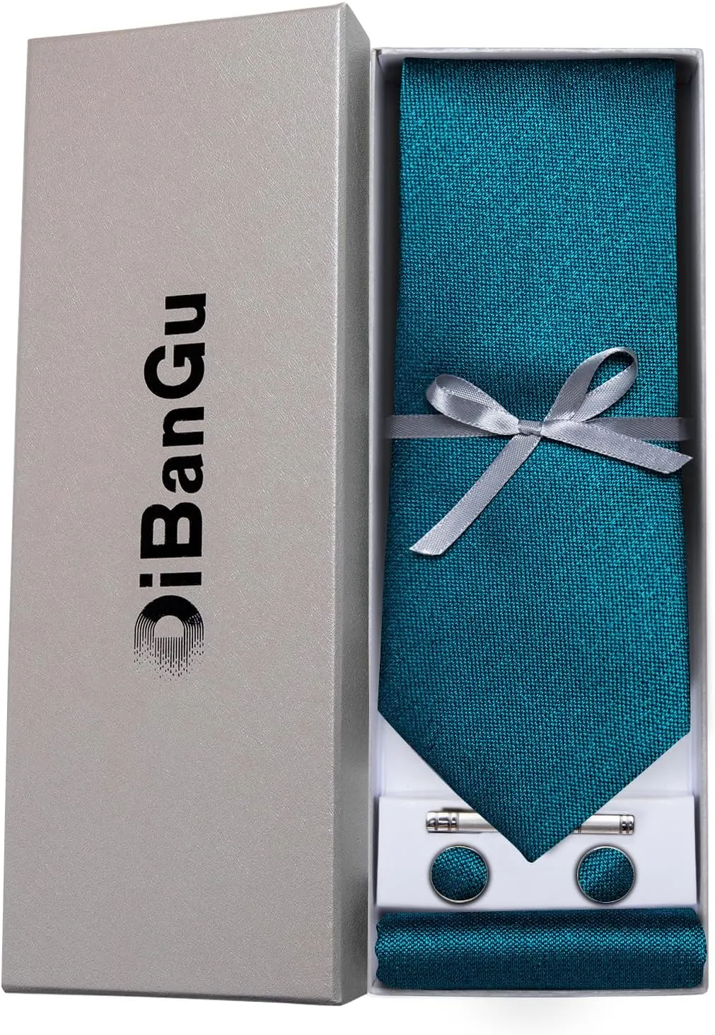 DiBanGu Mens Silk Necktie Solid Color Tie and Pocket Square Cufflink Tie Clip Set Woven Plain Ties for Men Wedding Party