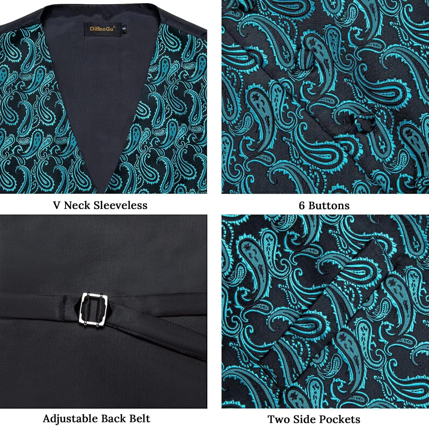 DiBanGu Mens Vest and Tie Set Formal Paisley Waistcoat and Necktie Pocket Square Cufflinks Silk Suit Vest for Tuxedo Wedding