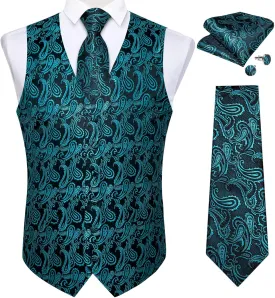 DiBanGu Mens Vest and Tie Set Formal Paisley Waistcoat and Necktie Pocket Square Cufflinks Silk Suit Vest for Tuxedo Wedding