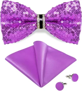 DiBanGu Sequin Bow Ties for Men Sparkly Bow Tie and Pocket Square Cufflinks Set Adjustable Pre-tied Bowtie Wedding Party