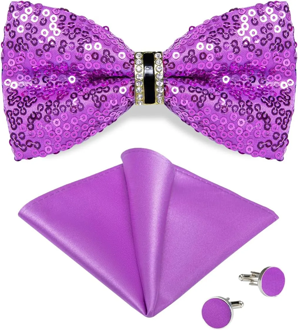 DiBanGu Sequin Bow Ties for Men Sparkly Bow Tie and Pocket Square Cufflinks Set Adjustable Pre-tied Bowtie Wedding Party