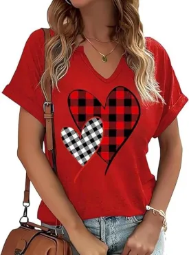 Earlymemb Womens Lover Heart Graphic V Neck Shirt Valentines Funny Couple Matching Casual Short Sleeve Tee Tops