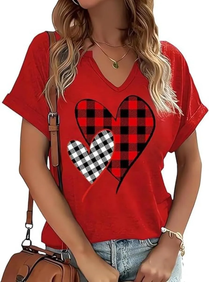 Earlymemb Womens Lover Heart Graphic V Neck Shirt Valentines Funny Couple Matching Casual Short Sleeve Tee Tops