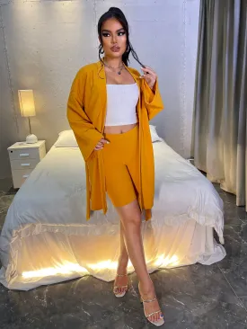 Elegant Plain Belted Long Sleeve Women Two-Piece Outfits