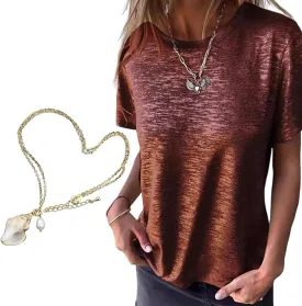 Emboadlie Gold Foil Short-Sleeved T-Shirt, Fortunatie Summer Casual Women's Round Neck Short-Sleeved Summer Top