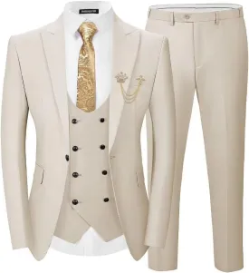 EMERAIDVLN Men's 3 Pieces Suit Slim Fit Elegant Wedding Prom Suits 1 Botton Blazer Double Breasted Vest and Pants Tuxedo Set