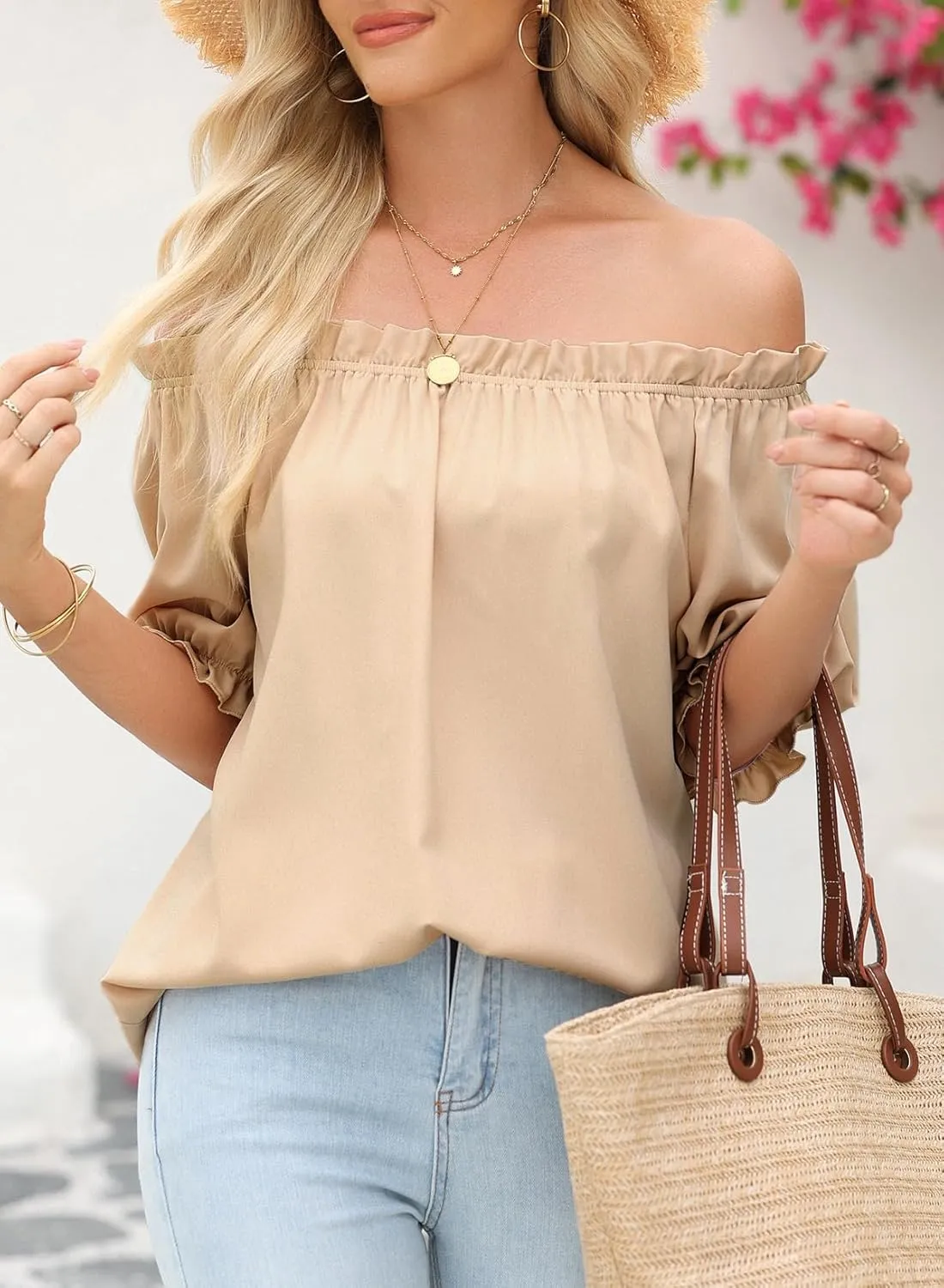 EVALESS Womens Tops Off The Shoulder Blouses for Women Dressy Casual Cute Puff Sleeve T Shirts Fashion 2025