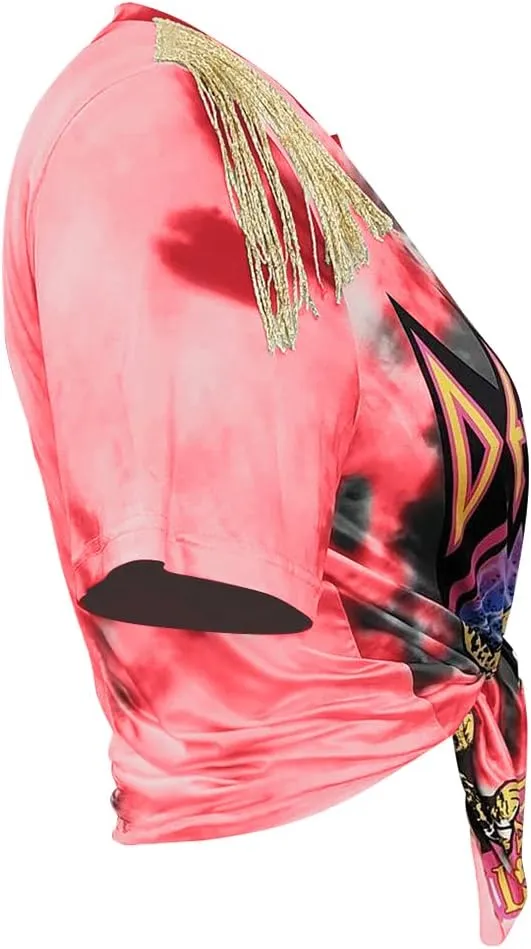 Fawjsais Women Sexy Graphic Tees Low Cut V Neck Tops Fringe Short Sleeve Shirts Knot Front Tops