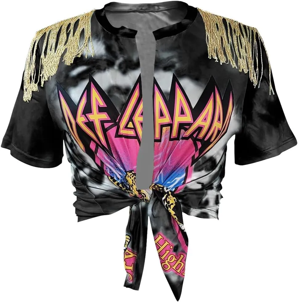 Fawjsais Women Sexy Graphic Tees Low Cut V Neck Tops Fringe Short Sleeve Shirts Knot Front Tops