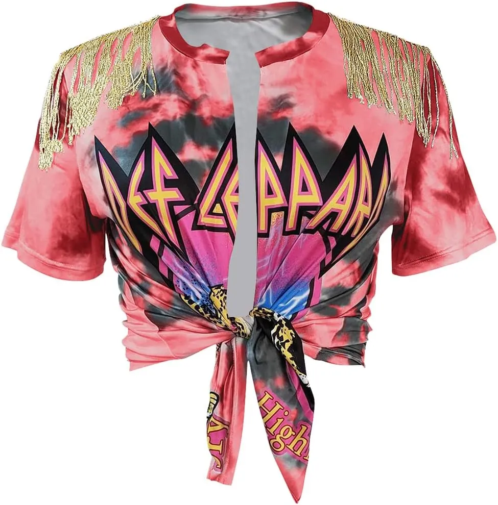 Fawjsais Women Sexy Graphic Tees Low Cut V Neck Tops Fringe Short Sleeve Shirts Knot Front Tops