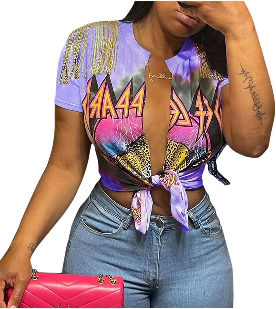 Fawjsais Women Sexy Graphic Tees Low Cut V Neck Tops Fringe Short Sleeve Shirts Knot Front Tops