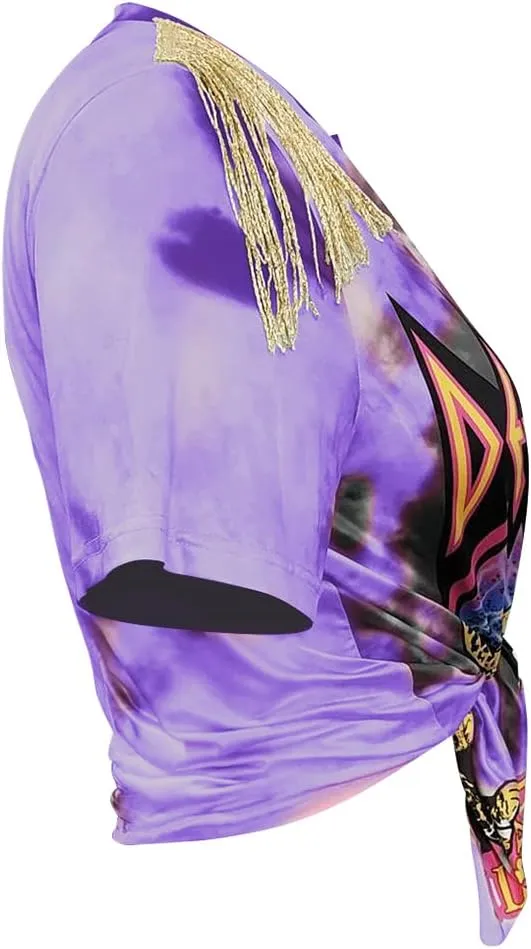 Fawjsais Women Sexy Graphic Tees Low Cut V Neck Tops Fringe Short Sleeve Shirts Knot Front Tops