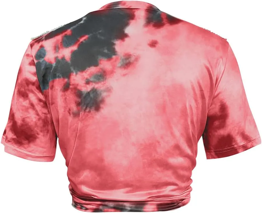 Fawjsais Women Sexy Graphic Tees Low Cut V Neck Tops Fringe Short Sleeve Shirts Knot Front Tops