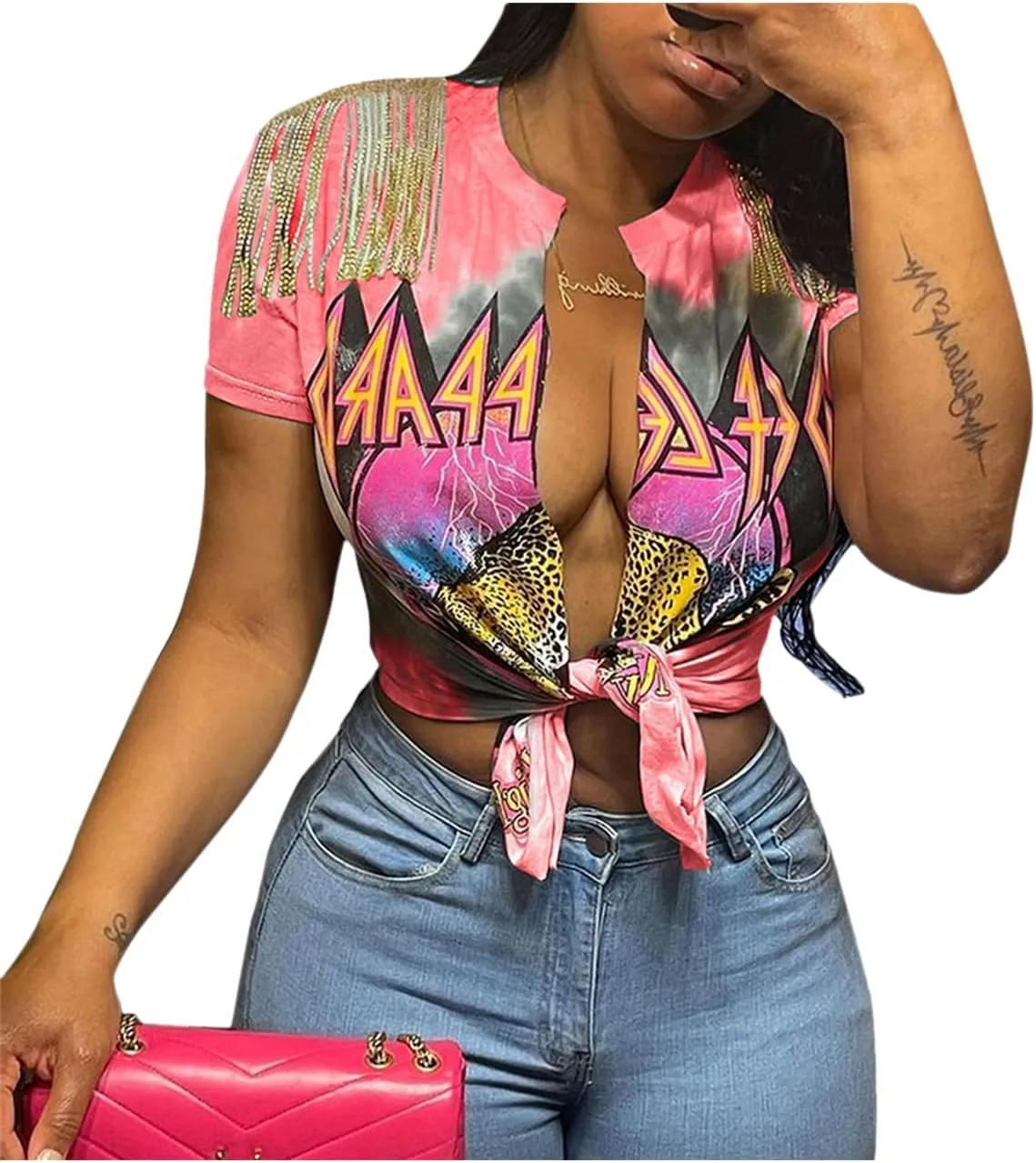 Fawjsais Women Sexy Graphic Tees Low Cut V Neck Tops Fringe Short Sleeve Shirts Knot Front Tops