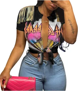 Fawjsais Women Sexy Graphic Tees Low Cut V Neck Tops Fringe Short Sleeve Shirts Knot Front Tops