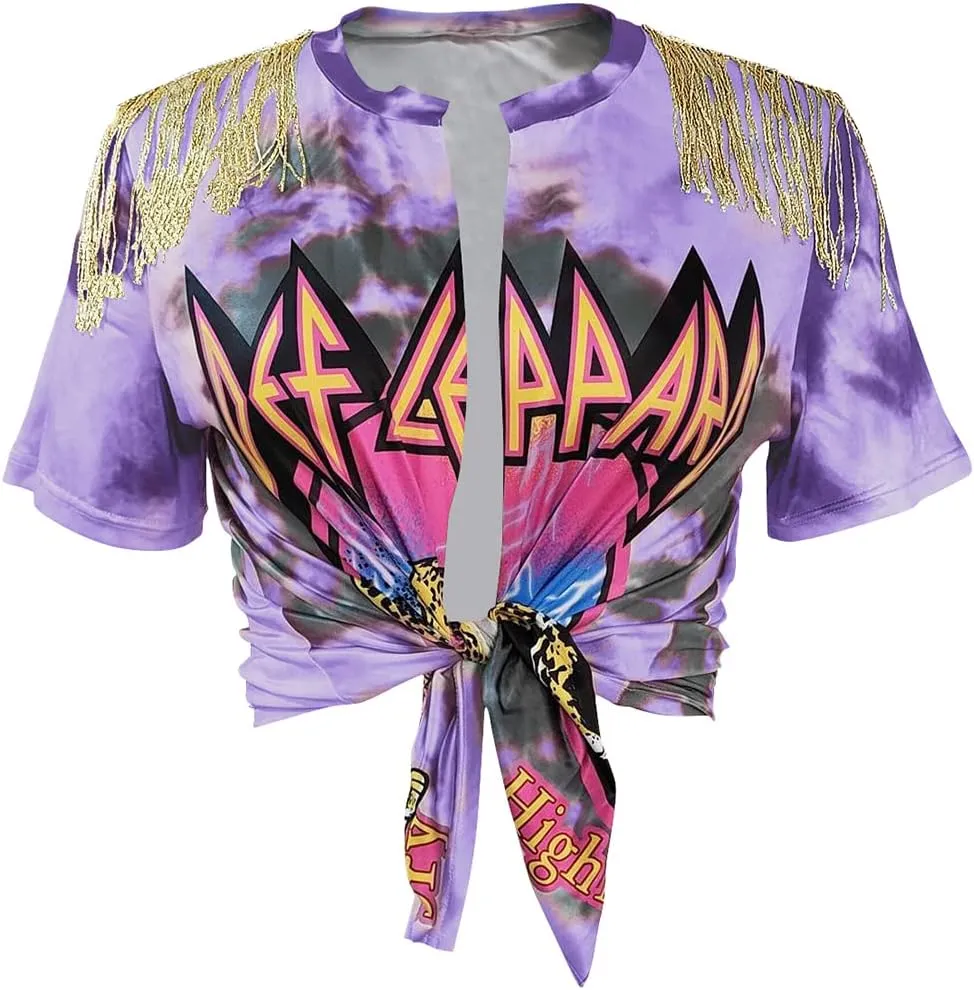 Fawjsais Women Sexy Graphic Tees Low Cut V Neck Tops Fringe Short Sleeve Shirts Knot Front Tops