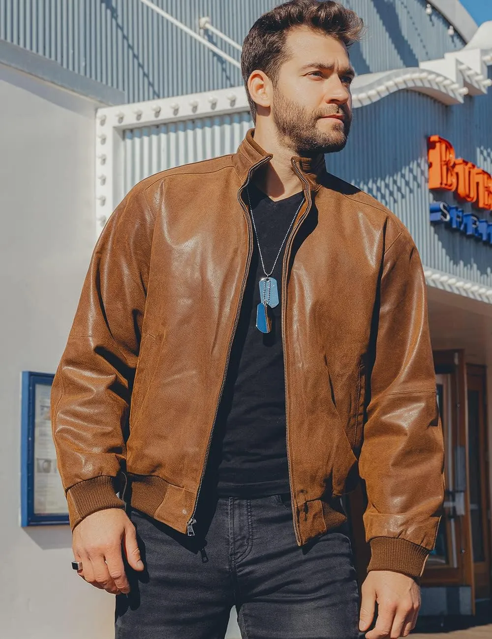 FLAVOR Men's Real Leather Bomber Casual Jacket