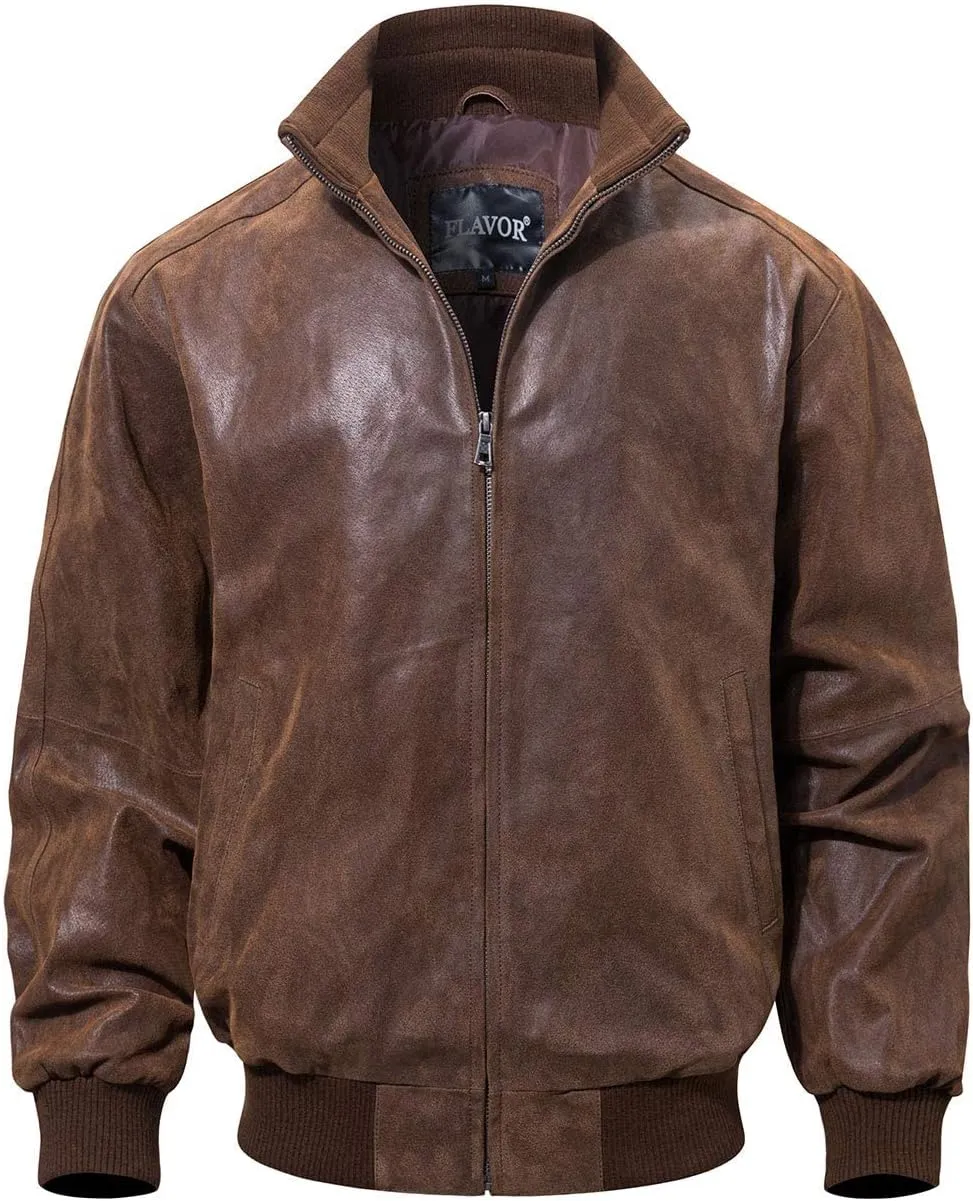 FLAVOR Men's Real Leather Bomber Casual Jacket