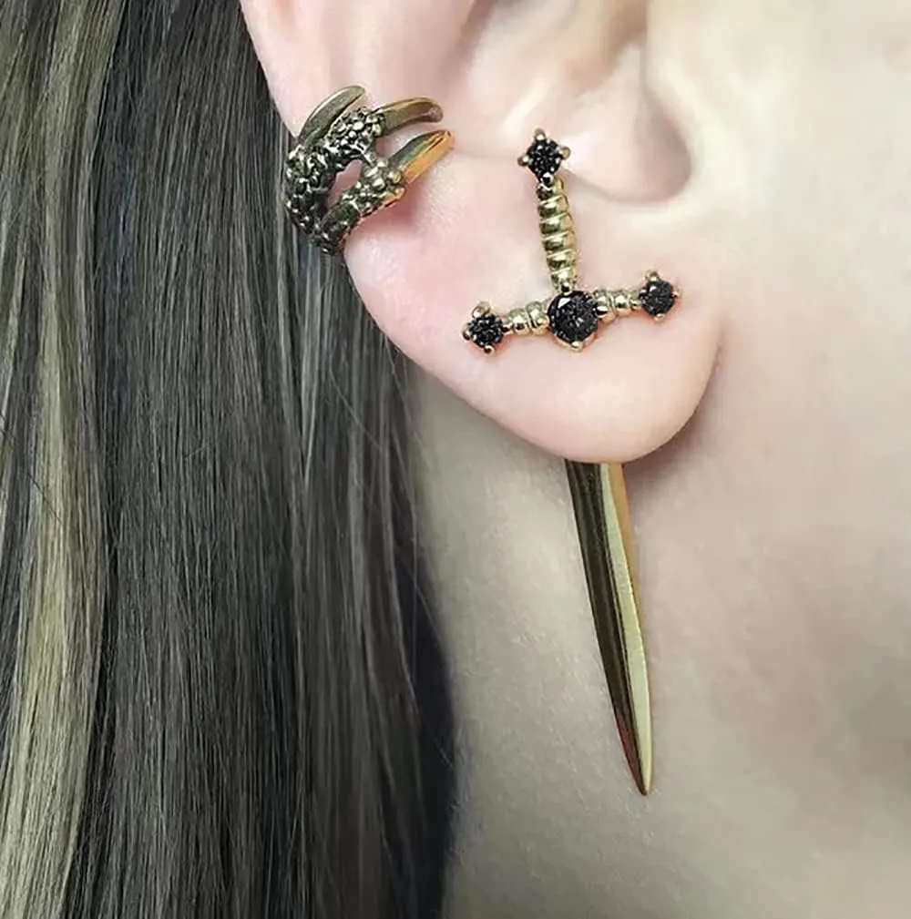 Gothic Sword Earrings Rhinestone Dagger Earrings Black Retro Sword Screw Earrings Cubic Zirconia Punk Sword Earrings Front Back Stud Earrings for Women