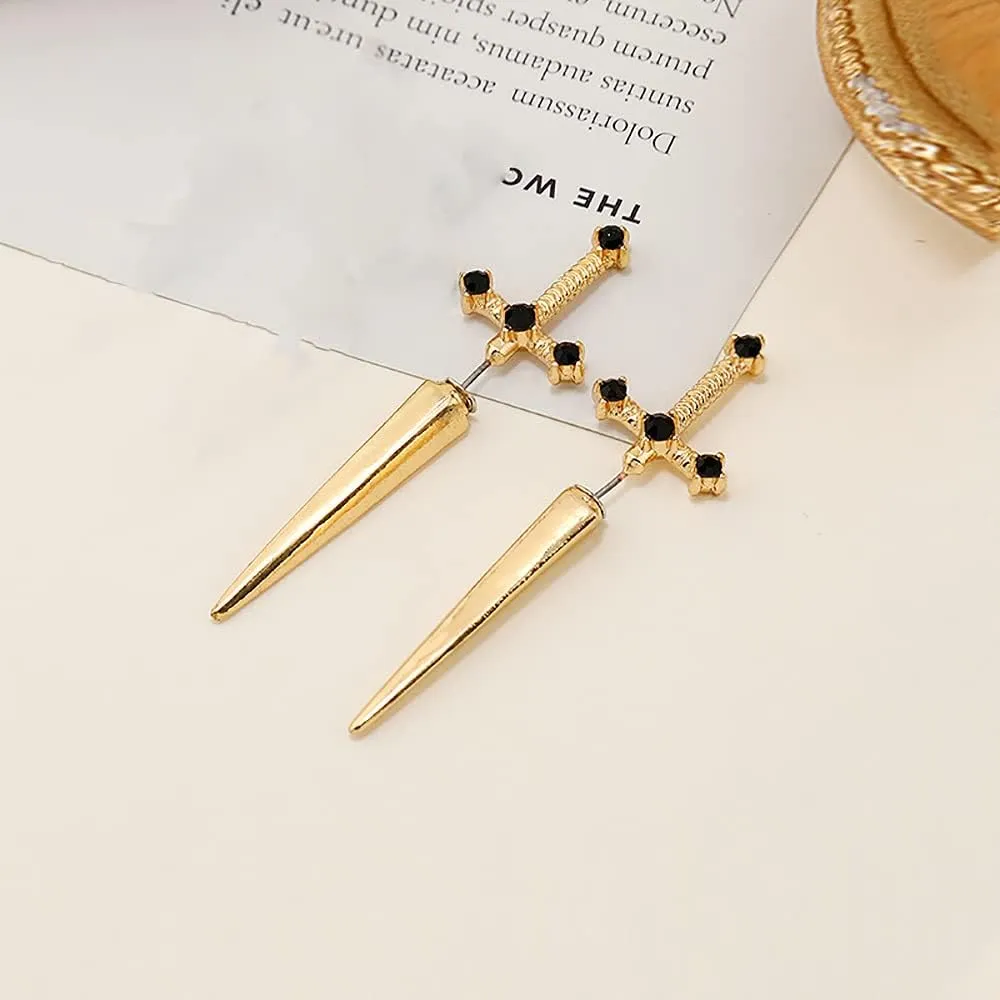 Gothic Sword Earrings Rhinestone Dagger Earrings Black Retro Sword Screw Earrings Cubic Zirconia Punk Sword Earrings Front Back Stud Earrings for Women