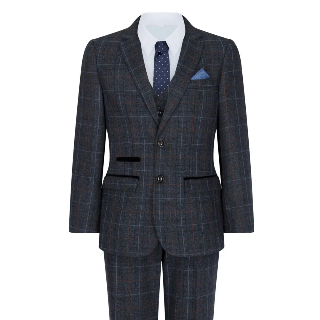 Harvey - Boys Navy Blue 3 Piece Tweed Suit Herringbone Wine