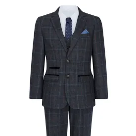 Harvey - Boys Navy Blue 3 Piece Tweed Suit Herringbone Wine