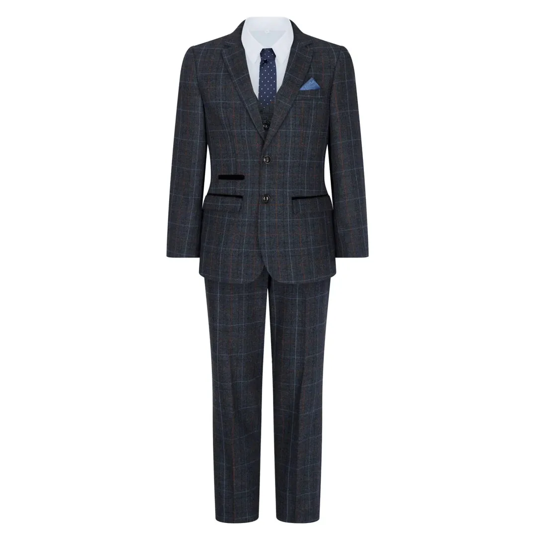 Harvey - Boys Navy Blue 3 Piece Tweed Suit Herringbone Wine
