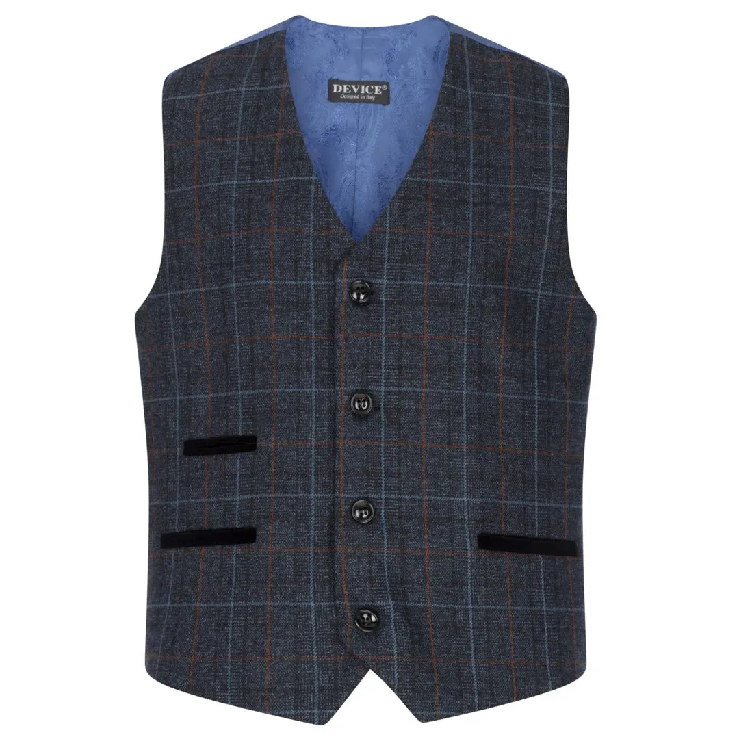 Harvey - Boys Navy Blue 3 Piece Tweed Suit Herringbone Wine