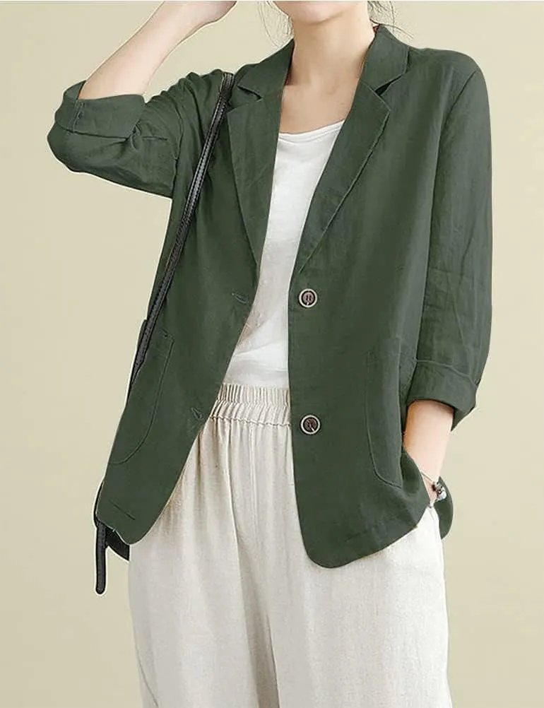 IDEALSANXUN Cotton Linen Blazer for Womens Long Sleeve Loose Casual Blazer Jackets