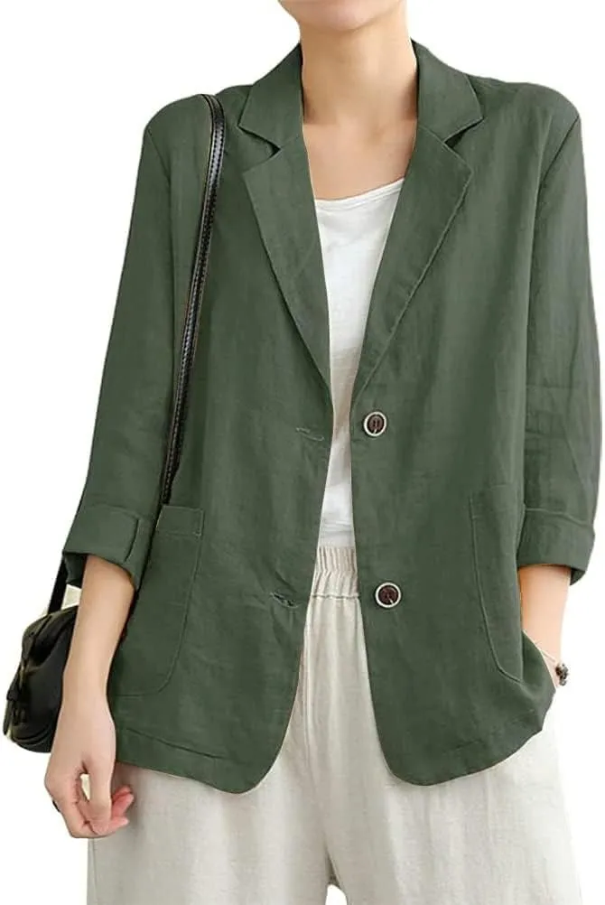IDEALSANXUN Cotton Linen Blazer for Womens Long Sleeve Loose Casual Blazer Jackets