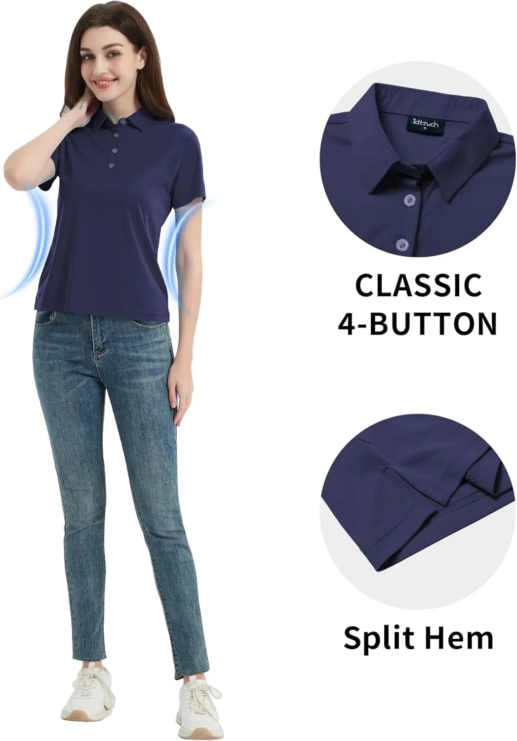 Idtswch Women's Polo Shirts UPF 50  Casual Work Quick Dry 4 Buttons Short Sleeve Collared Golf Shirt XS-3XL