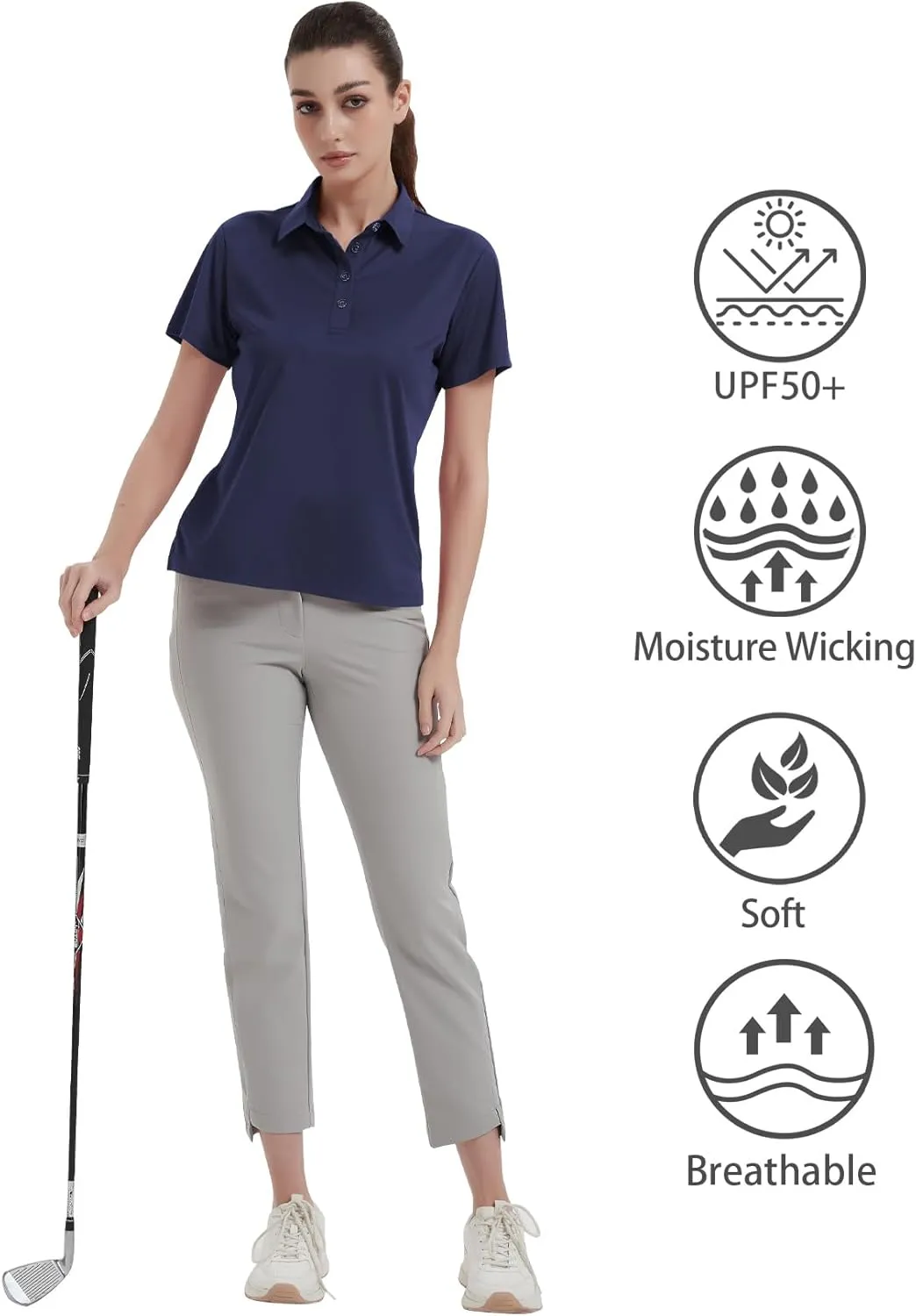 Idtswch Women's Polo Shirts UPF 50  Casual Work Quick Dry 4 Buttons Short Sleeve Collared Golf Shirt XS-3XL