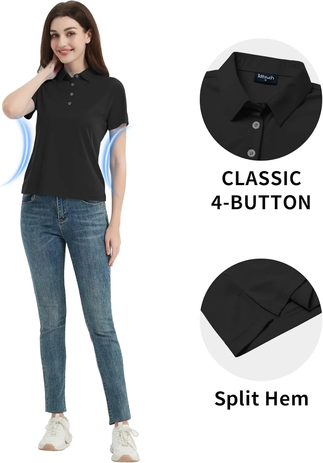 Idtswch Women's Polo Shirts UPF 50  Casual Work Quick Dry 4 Buttons Short Sleeve Collared Golf Shirt XS-3XL