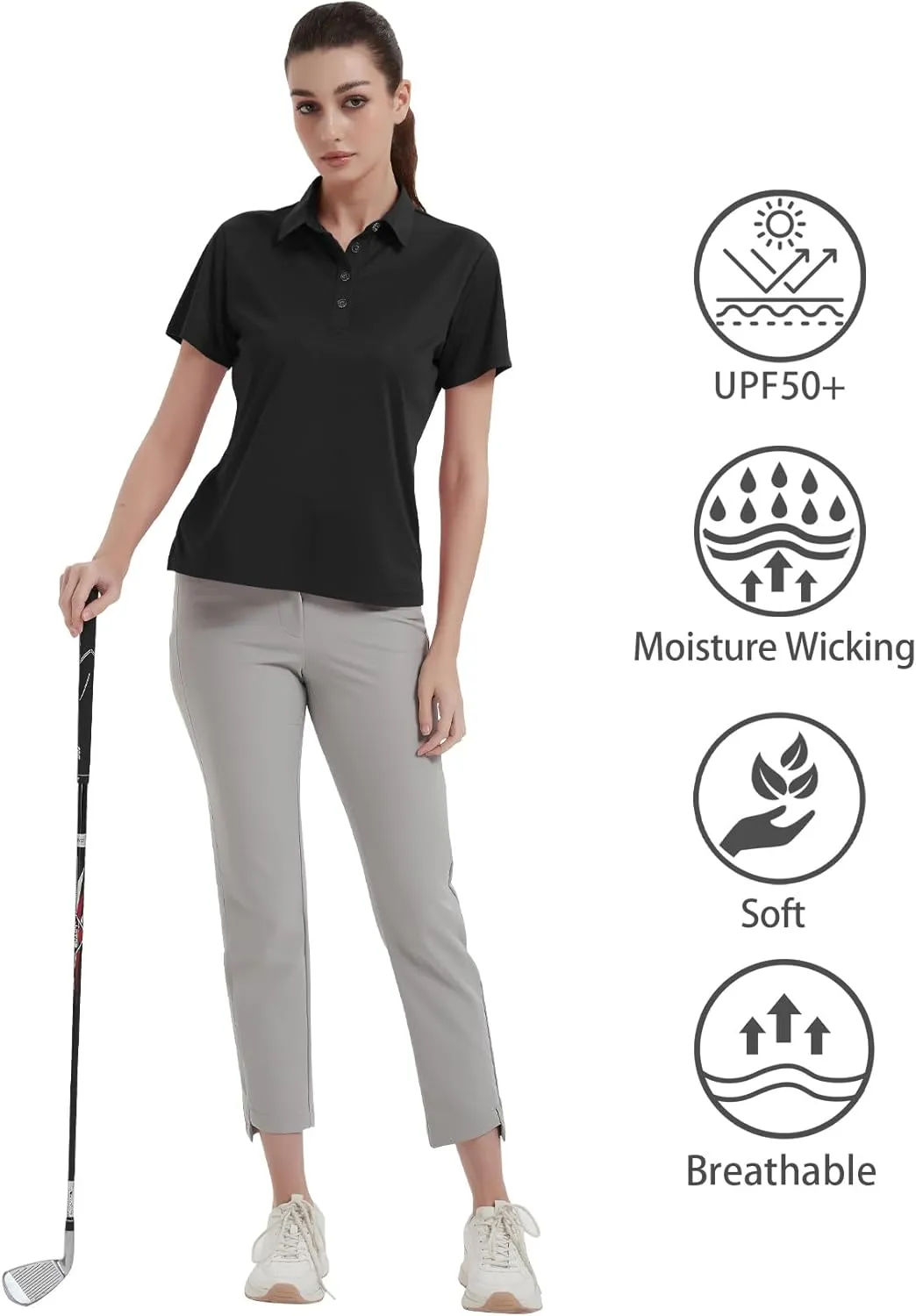 Idtswch Women's Polo Shirts UPF 50  Casual Work Quick Dry 4 Buttons Short Sleeve Collared Golf Shirt XS-3XL