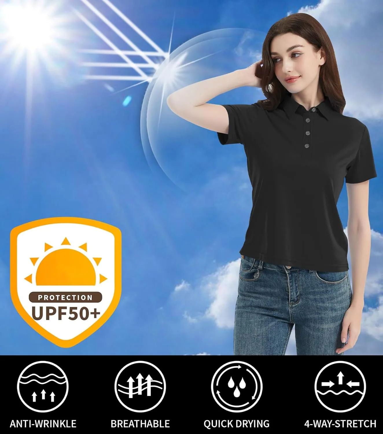 Idtswch Women's Polo Shirts UPF 50  Casual Work Quick Dry 4 Buttons Short Sleeve Collared Golf Shirt XS-3XL