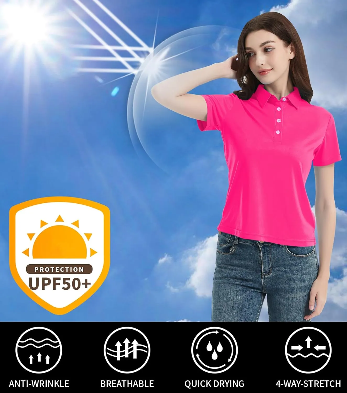 Idtswch Women's Polo Shirts UPF 50  Casual Work Quick Dry 4 Buttons Short Sleeve Collared Golf Shirt XS-3XL