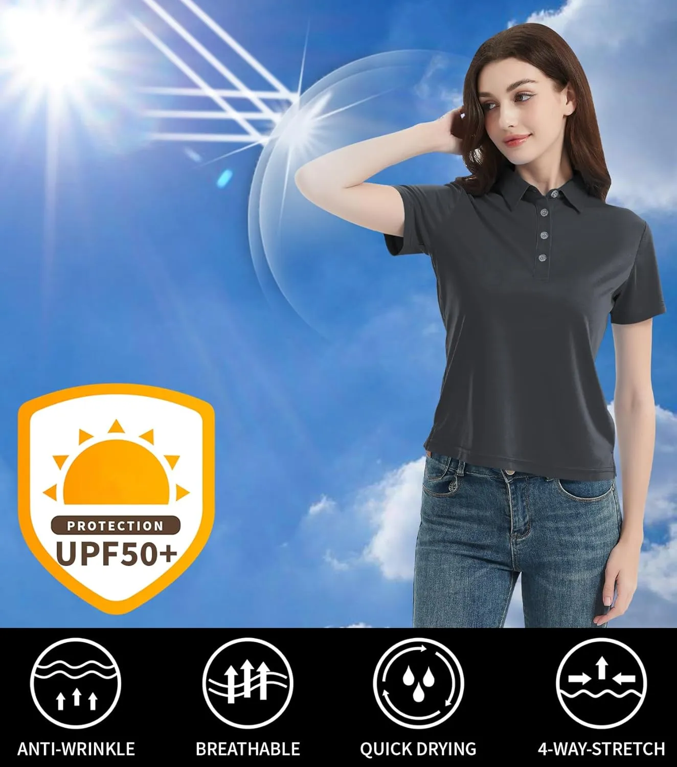 Idtswch Women's Polo Shirts UPF 50  Casual Work Quick Dry 4 Buttons Short Sleeve Collared Golf Shirt XS-3XL