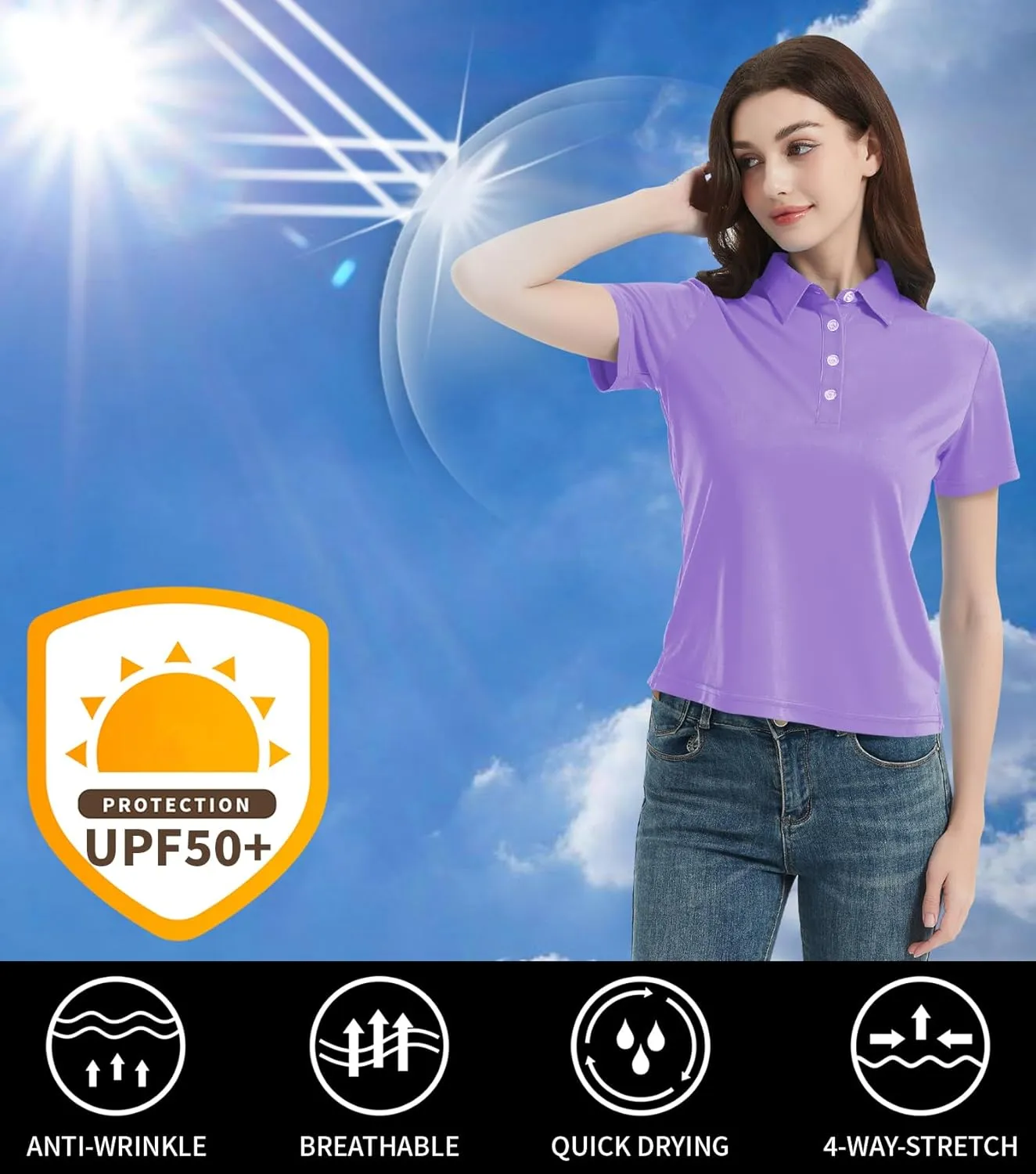 Idtswch Women's Polo Shirts UPF 50  Casual Work Quick Dry 4 Buttons Short Sleeve Collared Golf Shirt XS-3XL