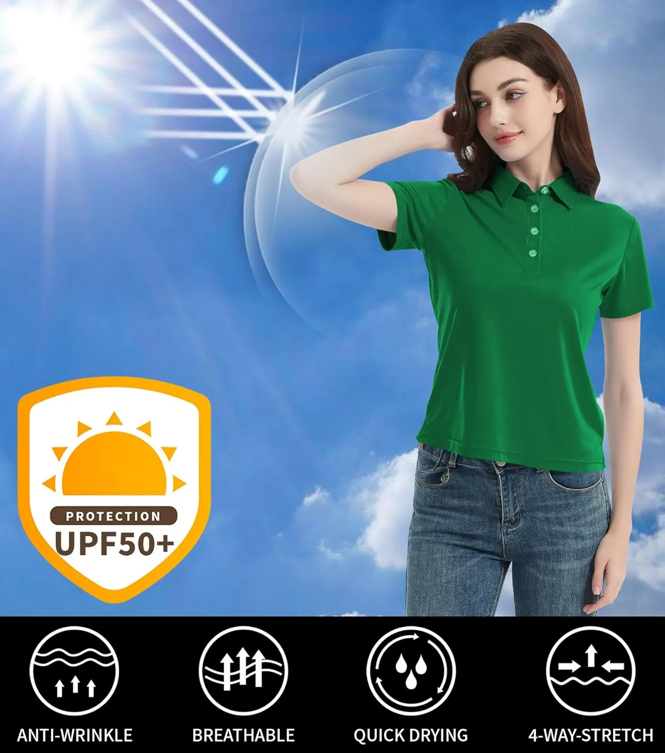 Idtswch Women's Polo Shirts UPF 50  Casual Work Quick Dry 4 Buttons Short Sleeve Collared Golf Shirt XS-3XL