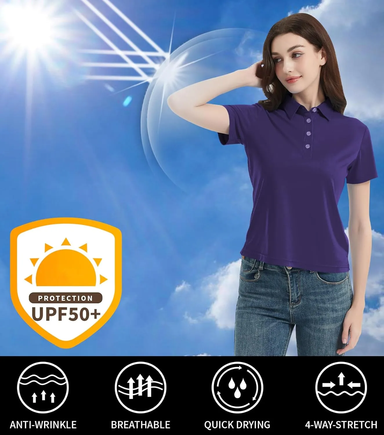 Idtswch Women's Polo Shirts UPF 50  Casual Work Quick Dry 4 Buttons Short Sleeve Collared Golf Shirt XS-3XL