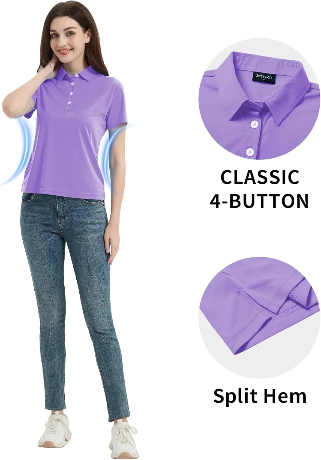 Idtswch Women's Polo Shirts UPF 50  Casual Work Quick Dry 4 Buttons Short Sleeve Collared Golf Shirt XS-3XL
