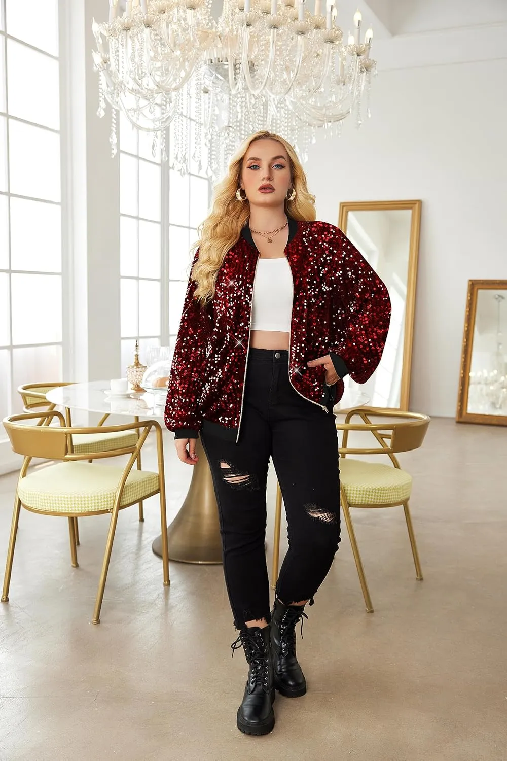 IN'VOLAND Womens Sequin Jacket Plus Size Sparkle Long Sleeve Jackets Front Zip Loose Casual Blazer Bomber Jacket with Pockets