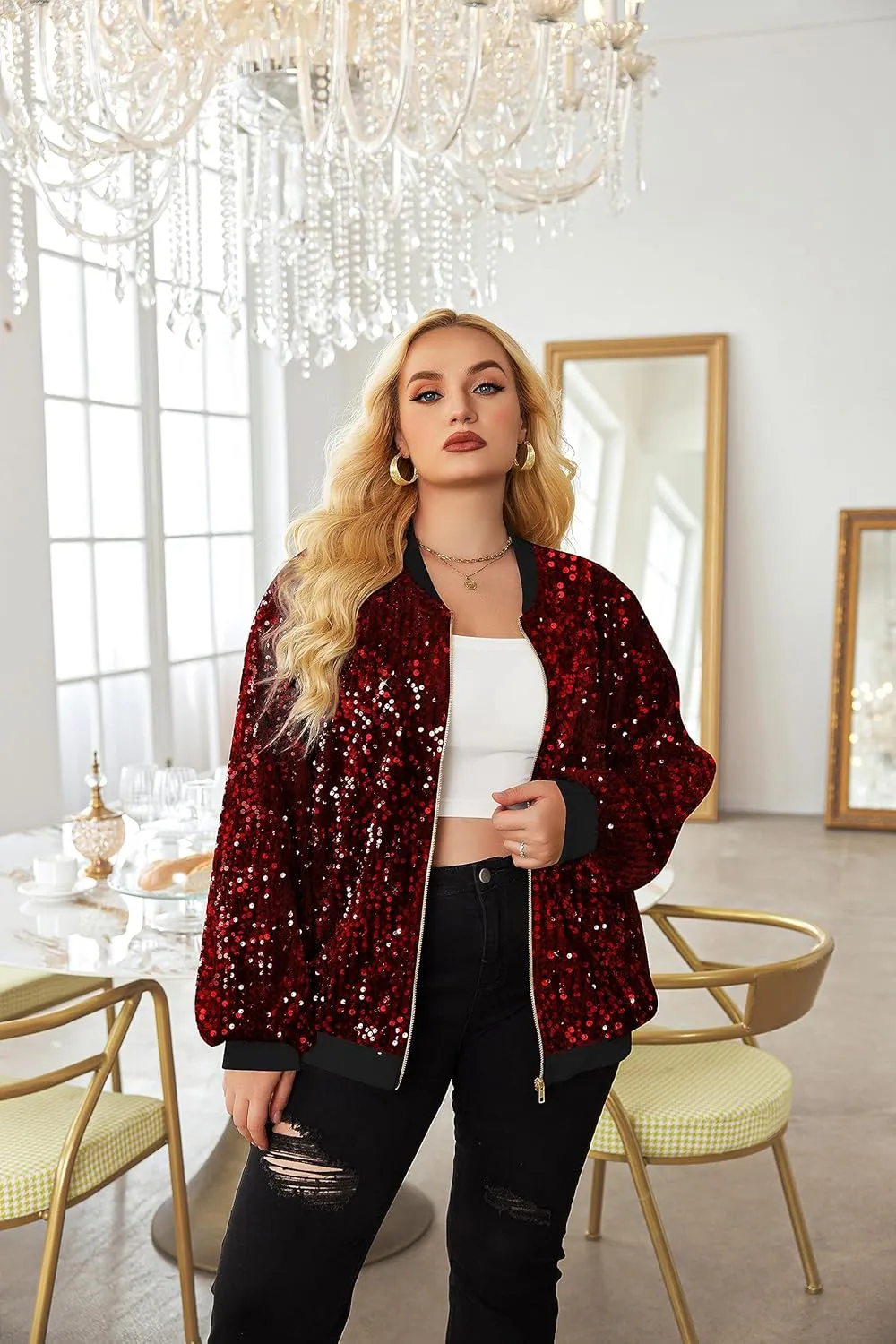 IN'VOLAND Womens Sequin Jacket Plus Size Sparkle Long Sleeve Jackets Front Zip Loose Casual Blazer Bomber Jacket with Pockets