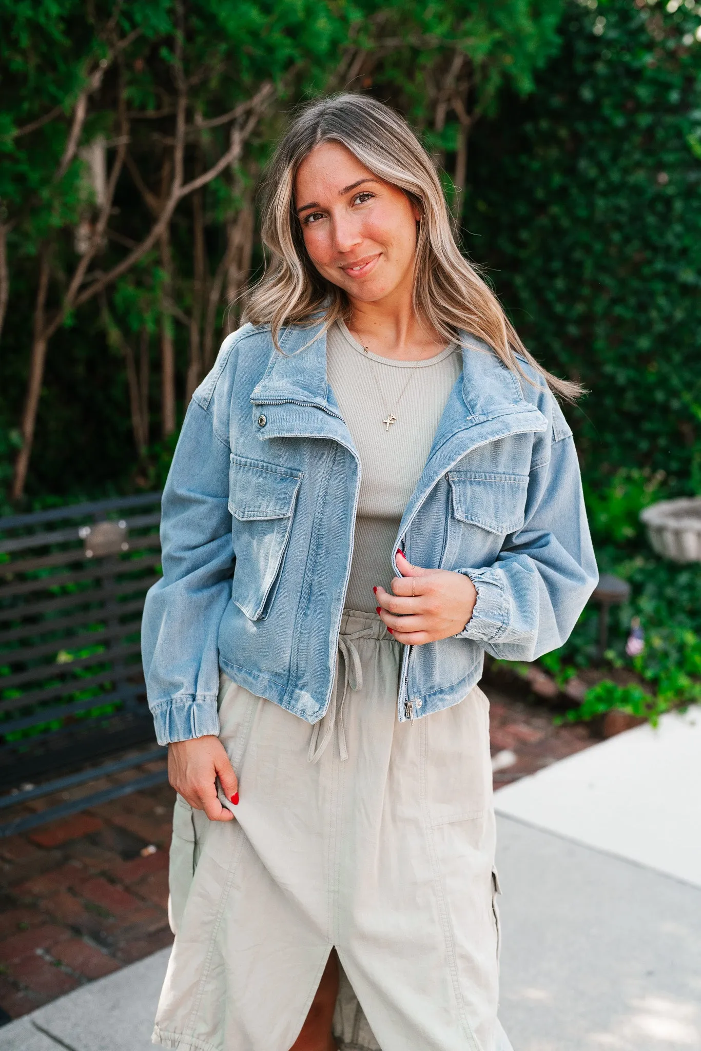 Iris Cropped Bomber Denim Jacket