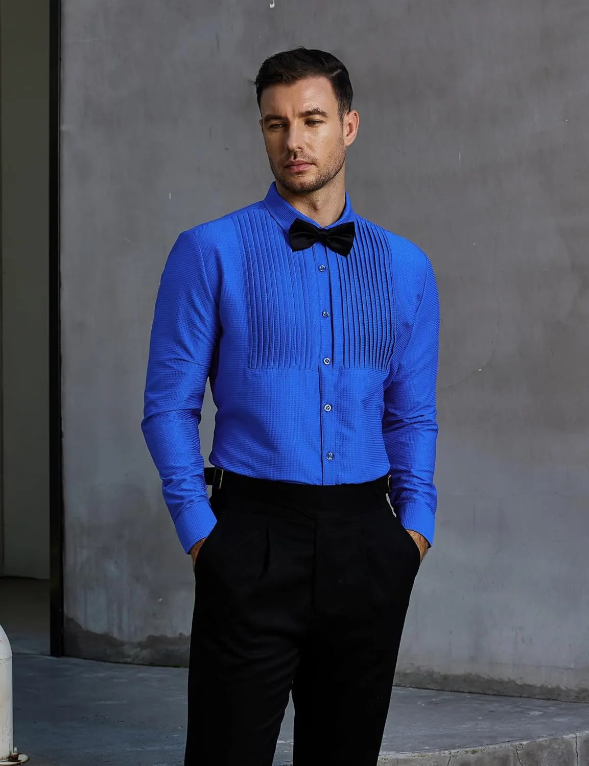 JOGAL Men's Tuxedo Shirt Pleated Dress Shirts with Bow Tie for Party Wedding